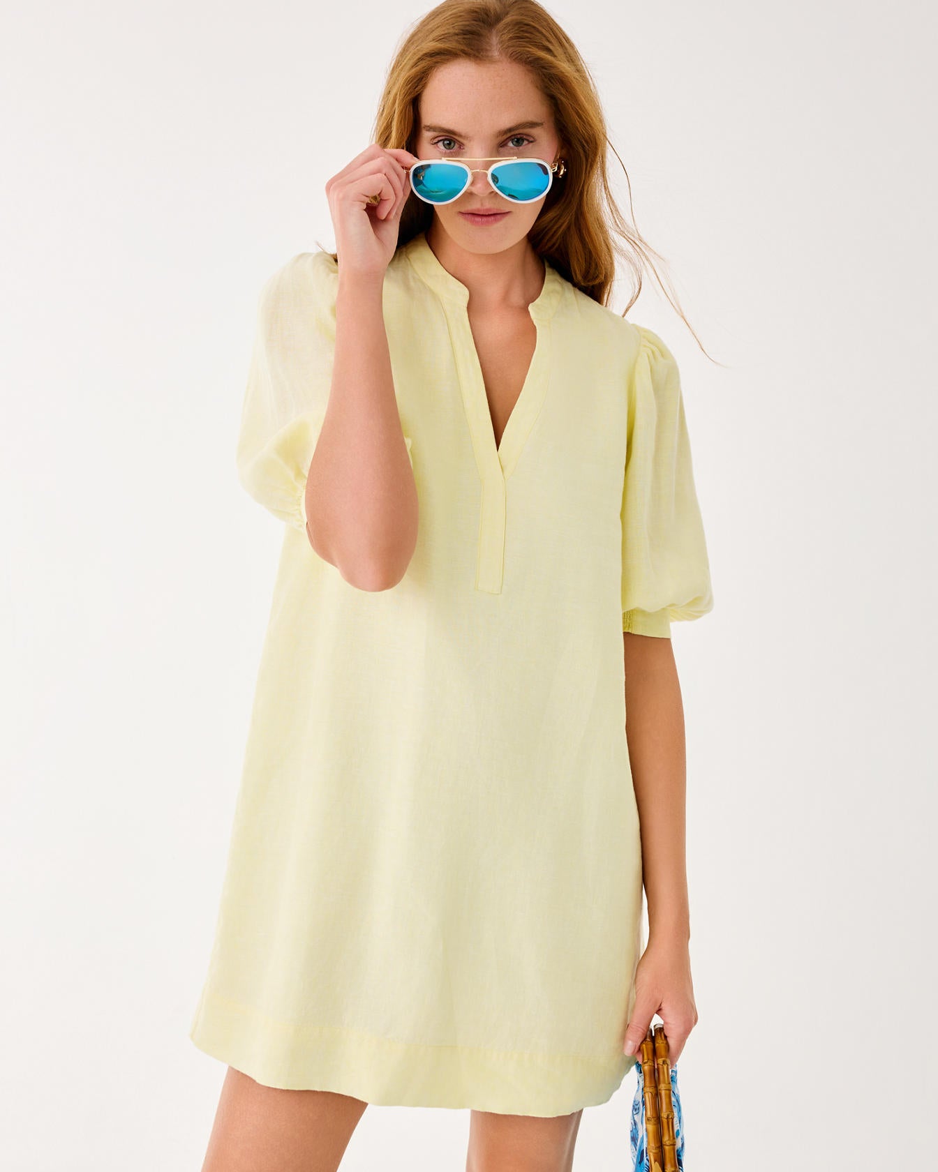 Mialeigh Elbow Sleeve Linen Dress Limoncello X Resort White
