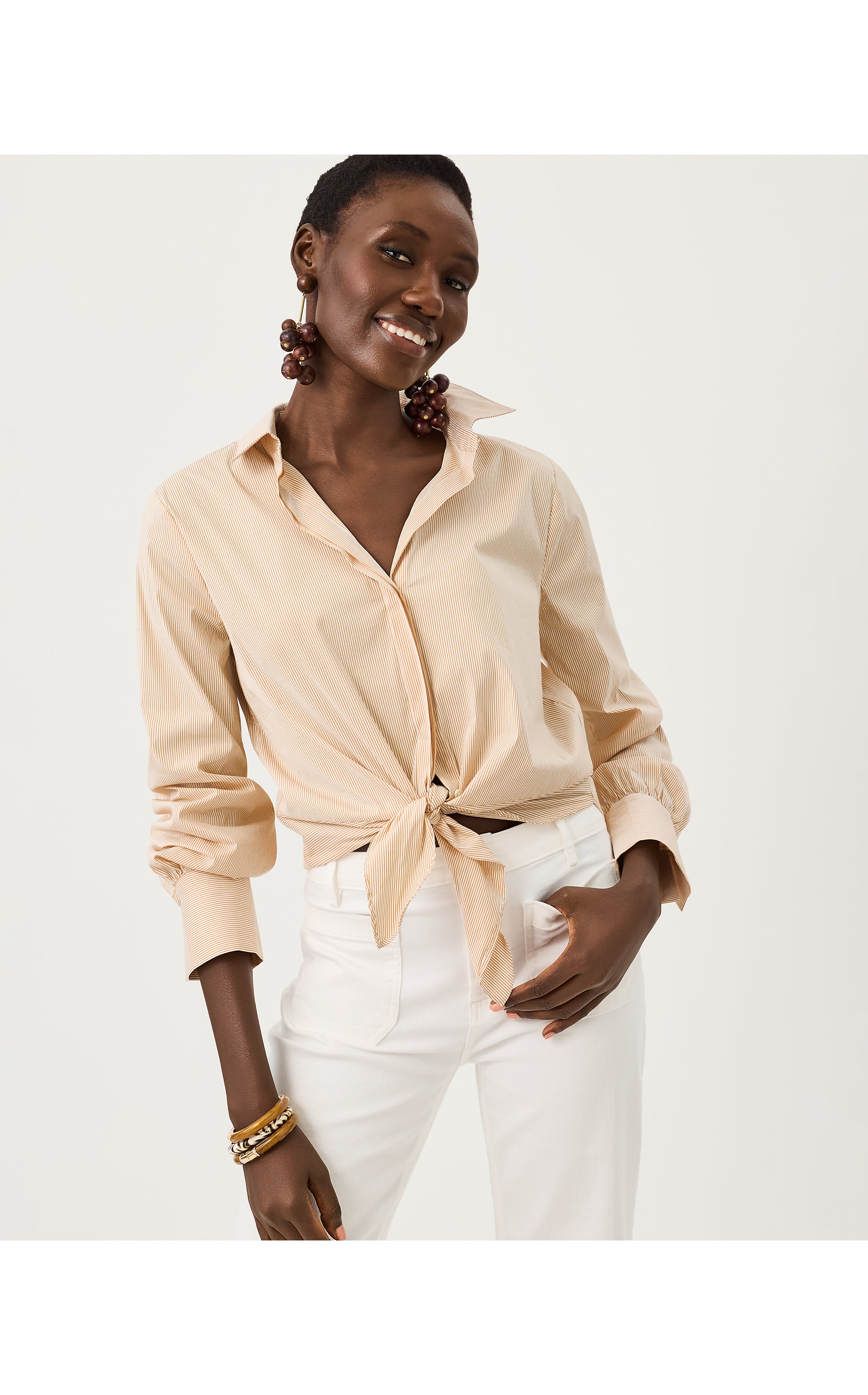 THE TIE LILLY SHIRT IN SHIRTING STRIPE ICED LATTE