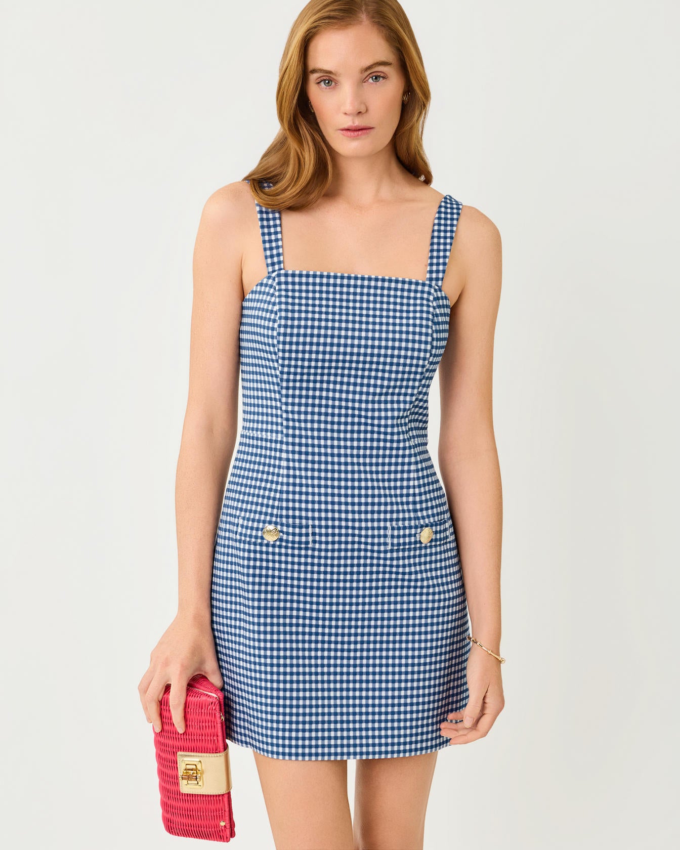 Veda Skirted Romper In Gingham Stretch Jacquard