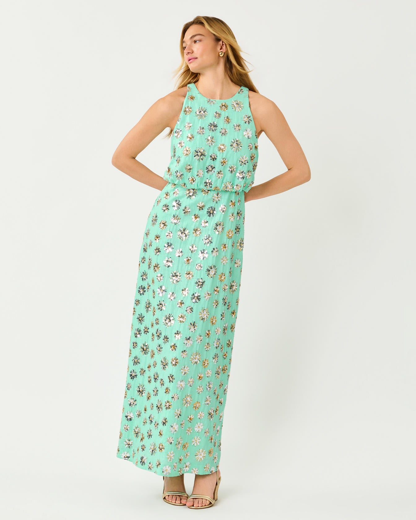 Teonna Maxi Dress In Sparkler Embellished Linen Blend
