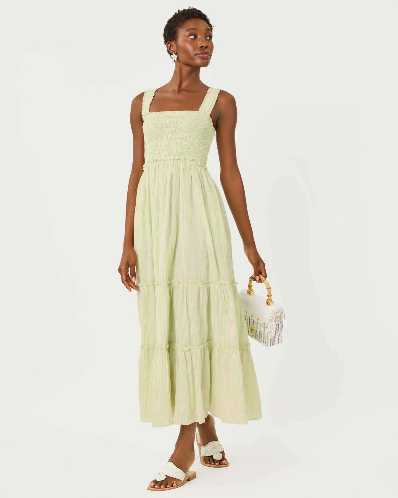 Hadly Smocked Maxi Dressss Pistachio Macaron X Conch Shell Pink Ltwt Oxford Stripe