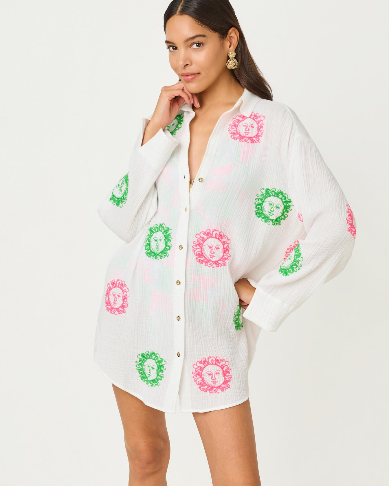 Kwitney Embroidered Long Resort White Fleur De Lilly Embroidered Coverup