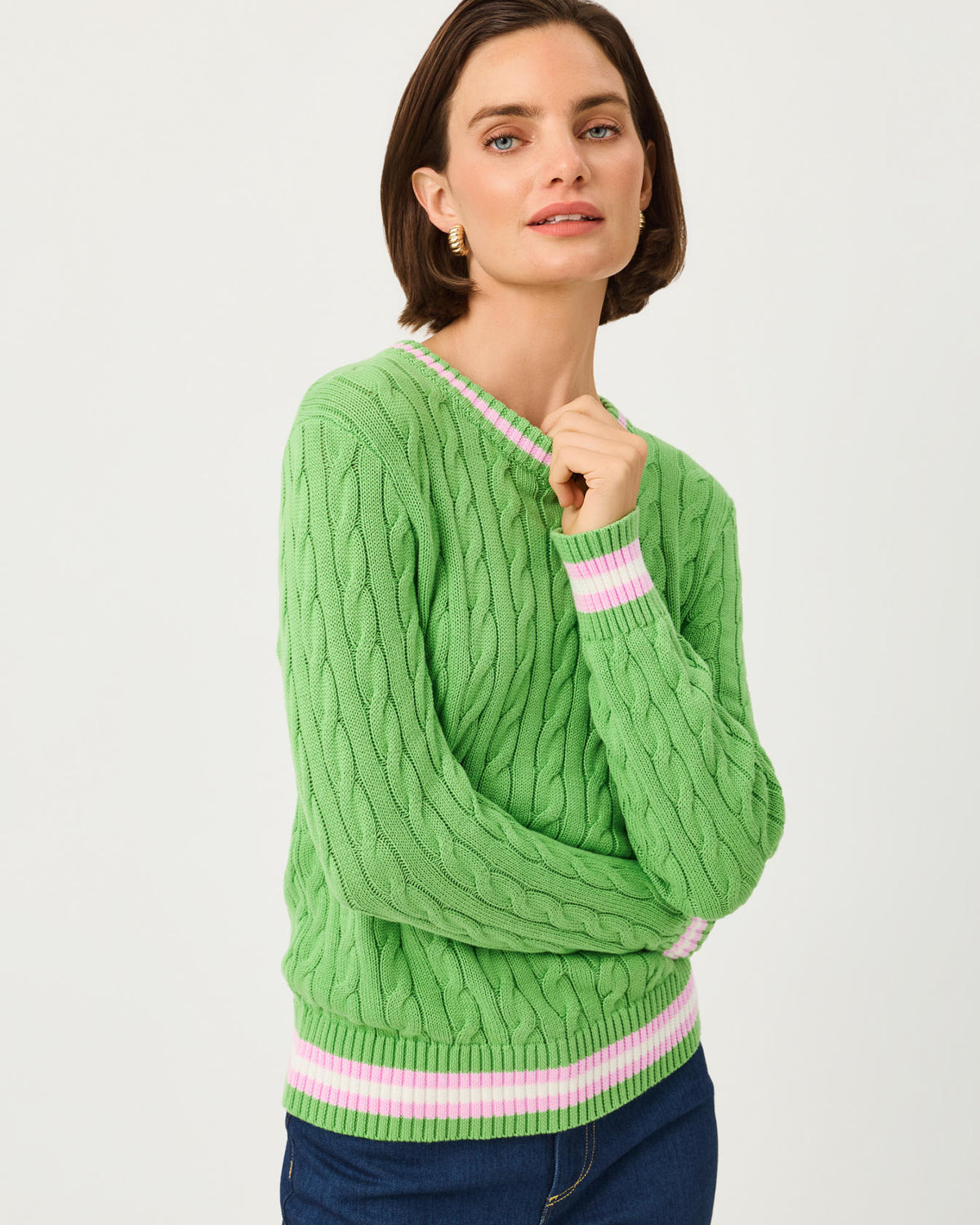 BROCKTON CREW NECK SWEATER IN CHATEAU GREEN X OLEANDER PINK TIPPING