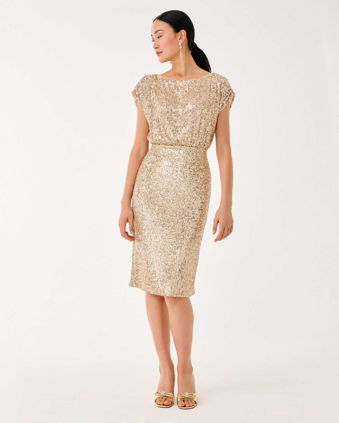 Aylin Sequin Midi Dress Gold Metallic Treasure Box Sequin Knit
