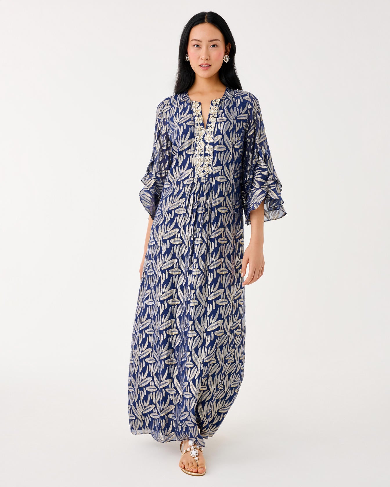 Bellina Silk Maxi Caftan Low Tide Navy Leafy Babe Metallic Silk Clip