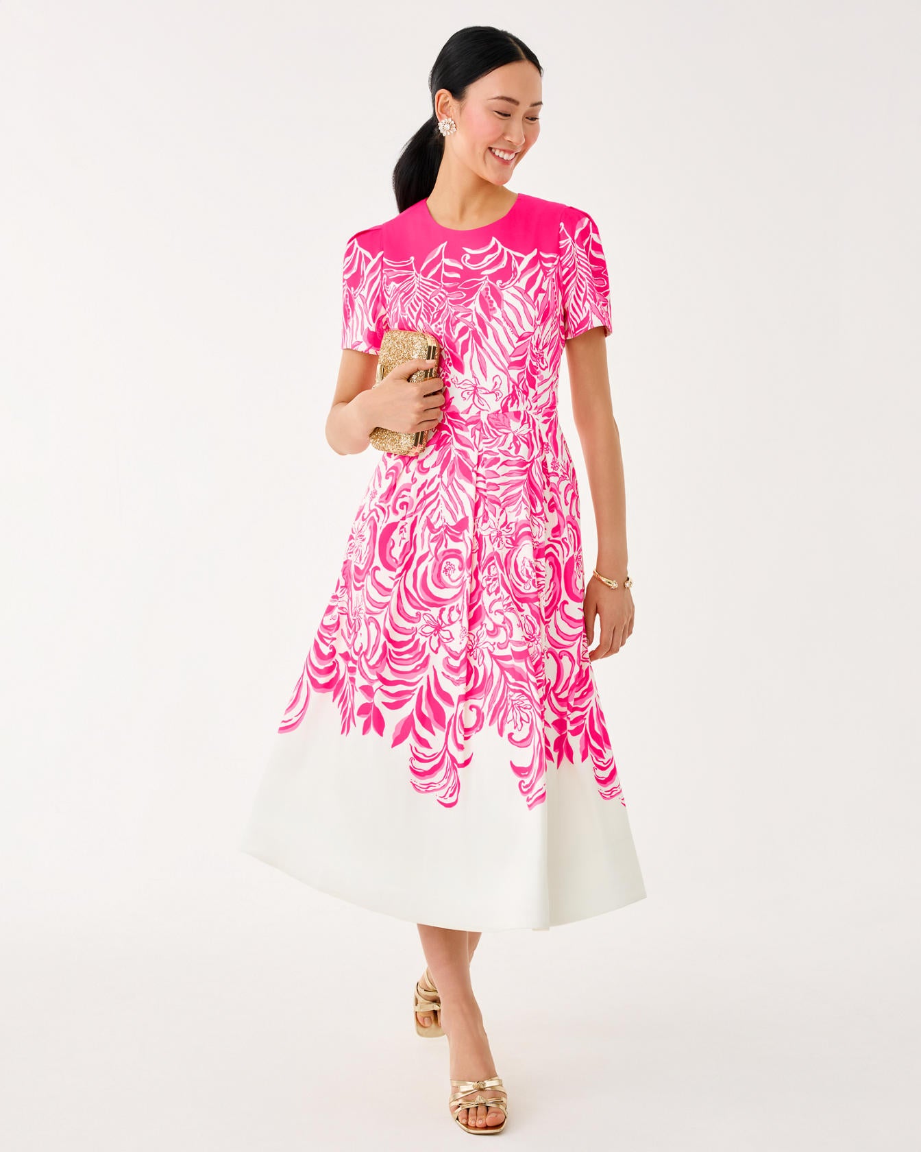 Loradonna Stretch Midi Dress Sun Shell Pink Festive Fronds Engineered Woven Dress
