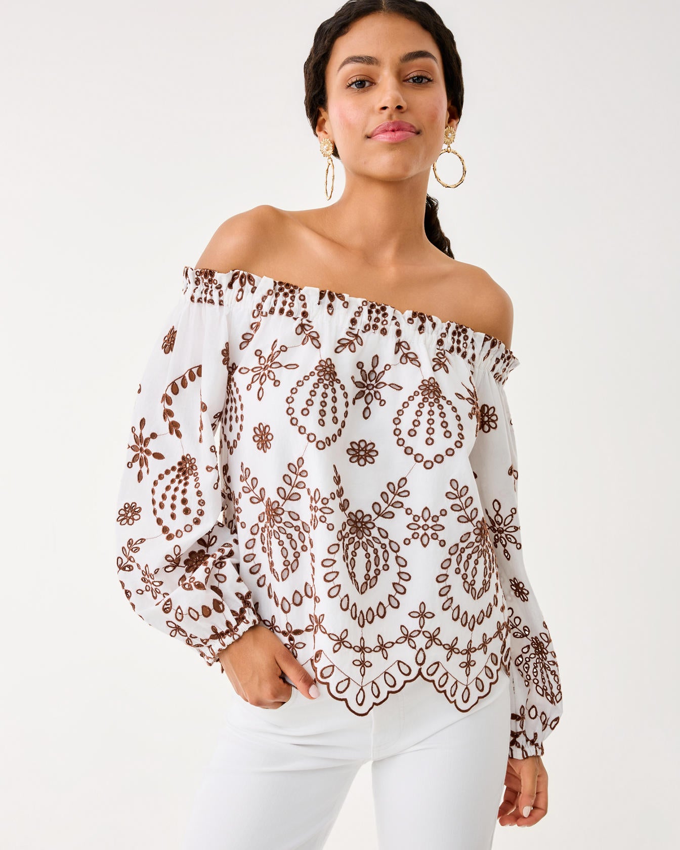 Ketsia Eyelet Off The Shoulder Top French Roast Engineered Medallion Eyelet