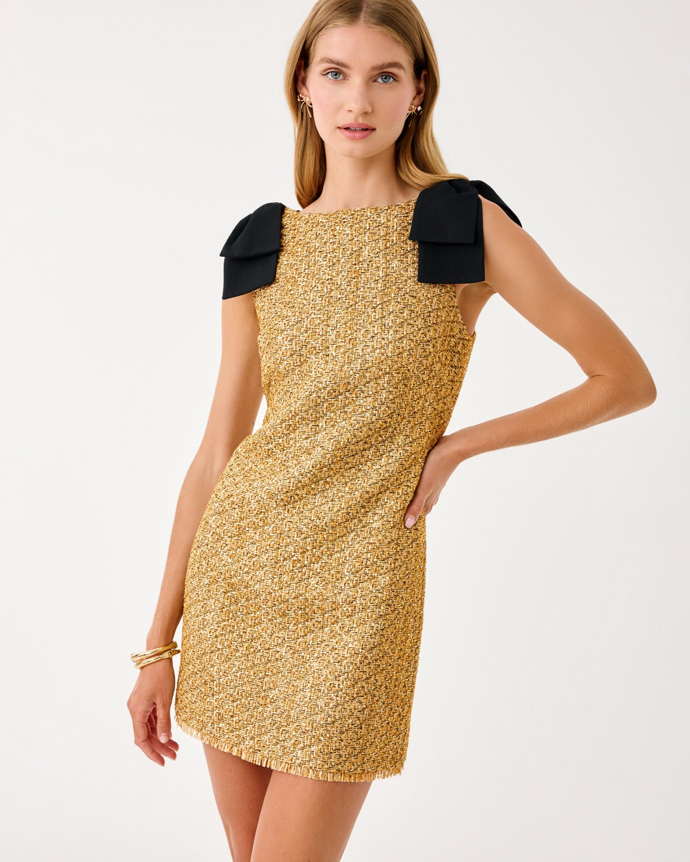 Cora Skirted Romper Gold Metallic Golden Glow Boucle