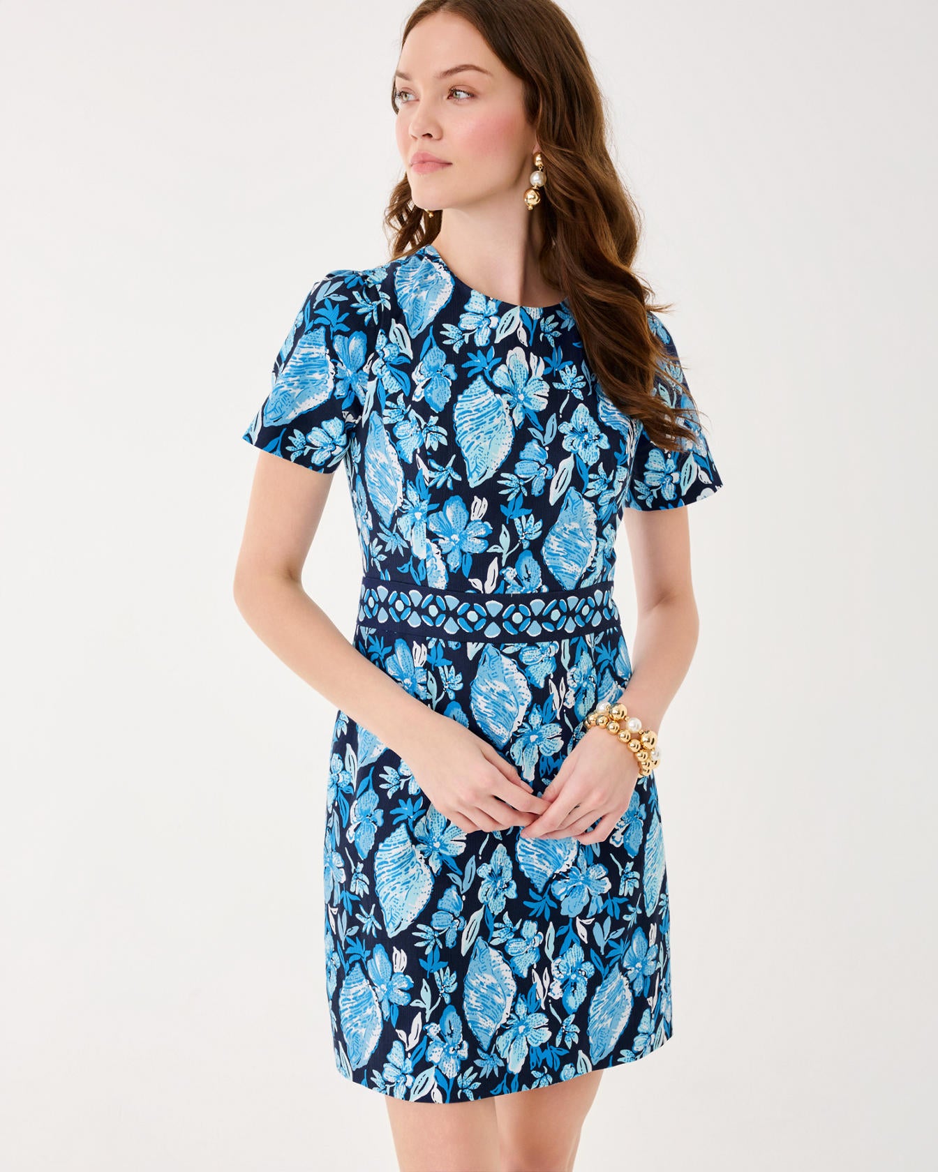 Brynne Stretch Shift Low Tide Navy Seashell Splendor Engineered Woven Shift