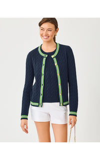 BROCKTON CREW NECK CARDIGAN IN LOW TIDE NAVY X CHATEAU GREEN TIPPING