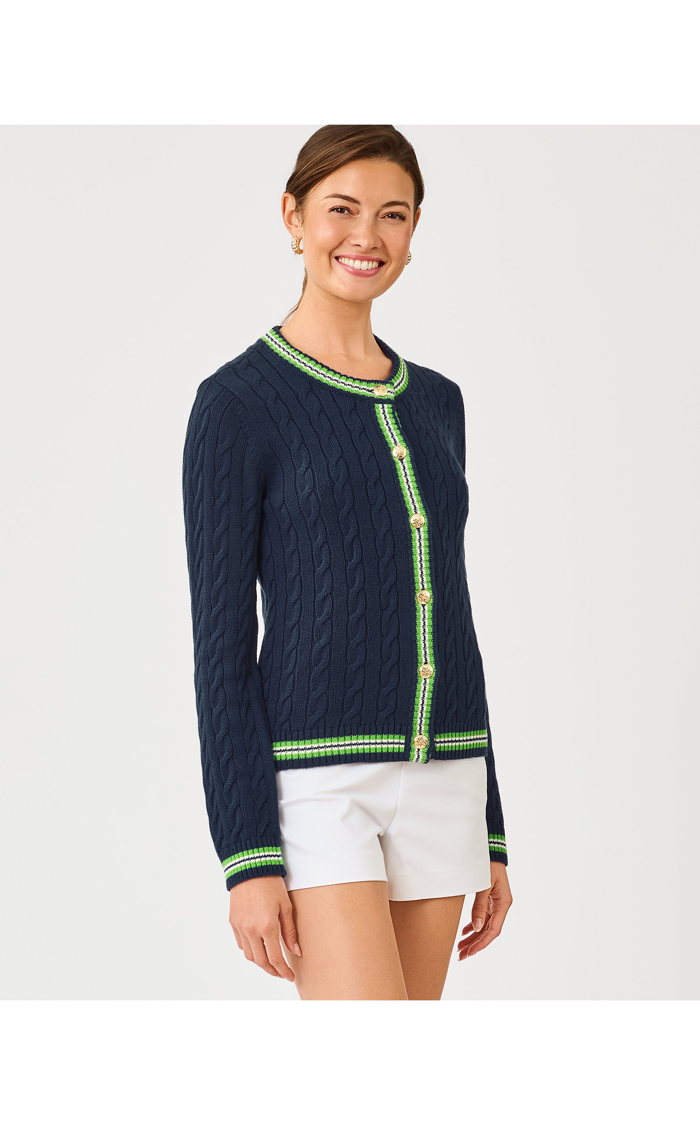 BROCKTON CREW NECK CARDIGAN IN LOW TIDE NAVY X CHATEAU GREEN TIPPING