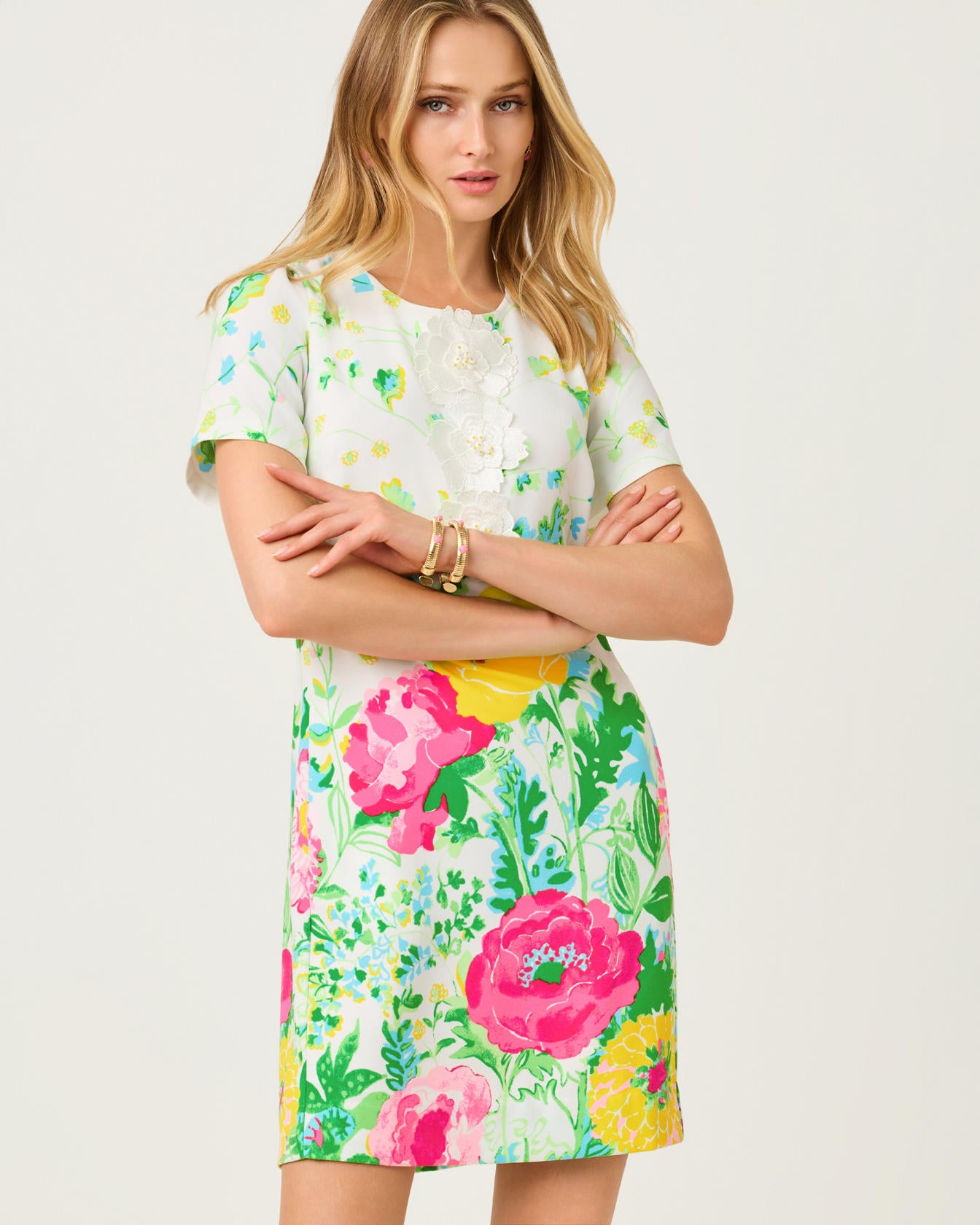 Edita Short Sleeve Shift Dress Multi Poppy Party Engineered Woven Shift Dress