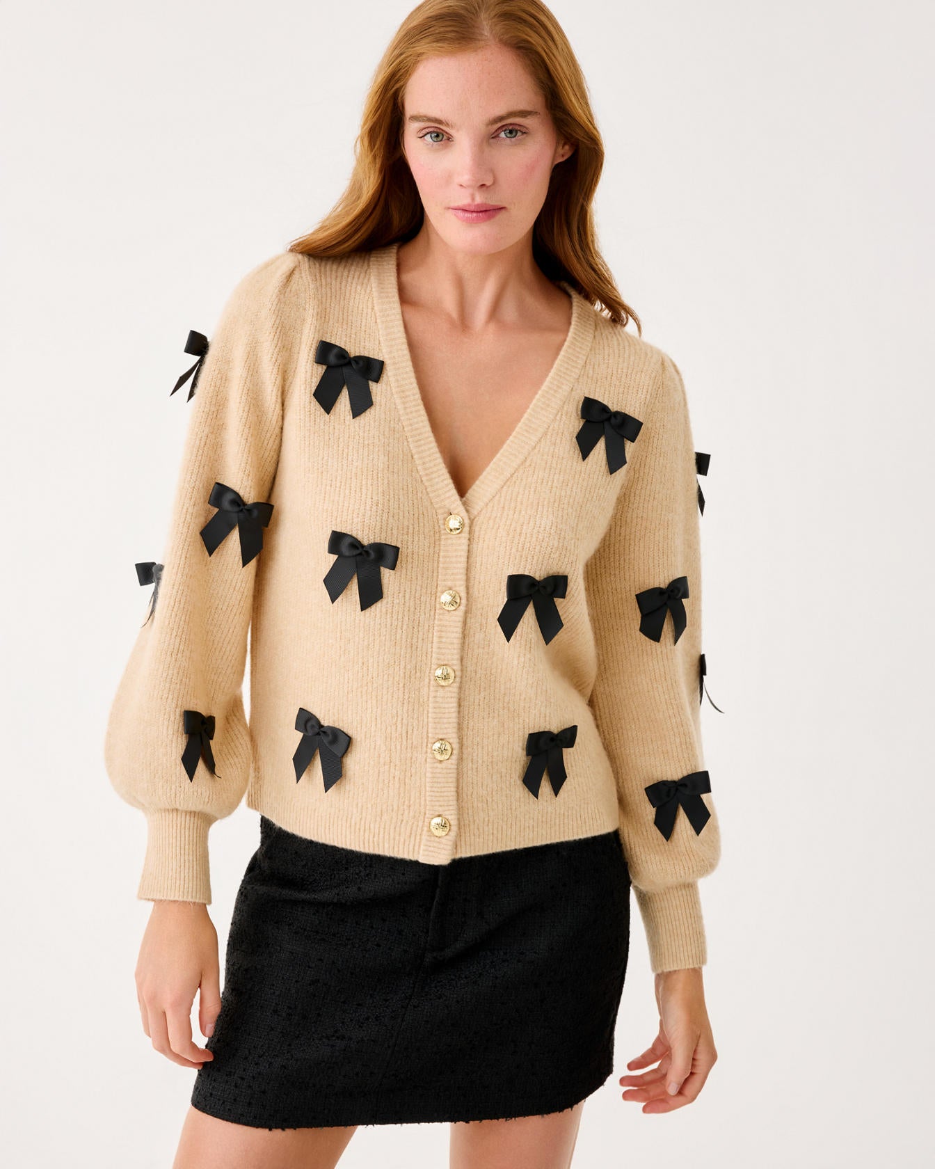 Zarie Cardigan Heathered Wicker Tan Party Bows