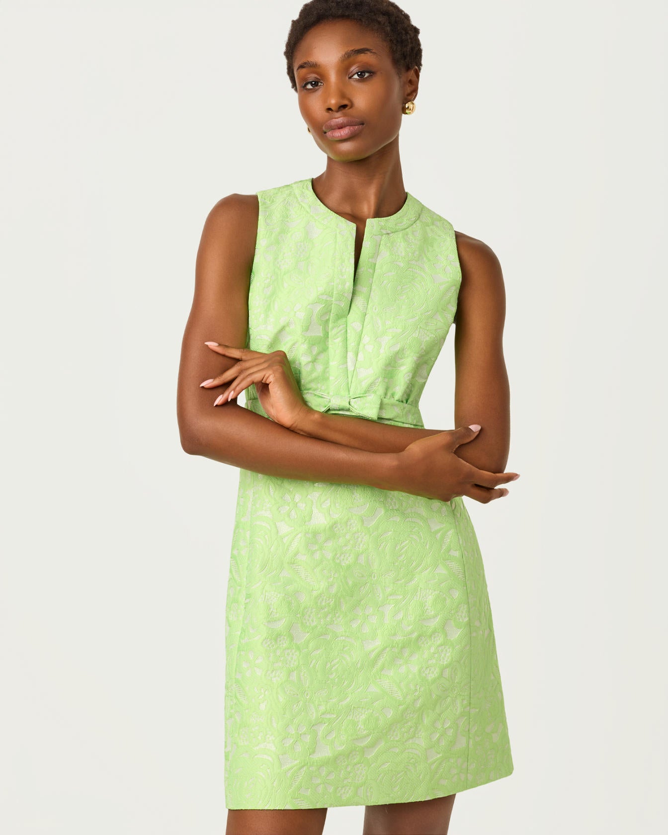 Sobel Shift Dress Pistachio Macaron Floral Cutwork Metallic Stripe