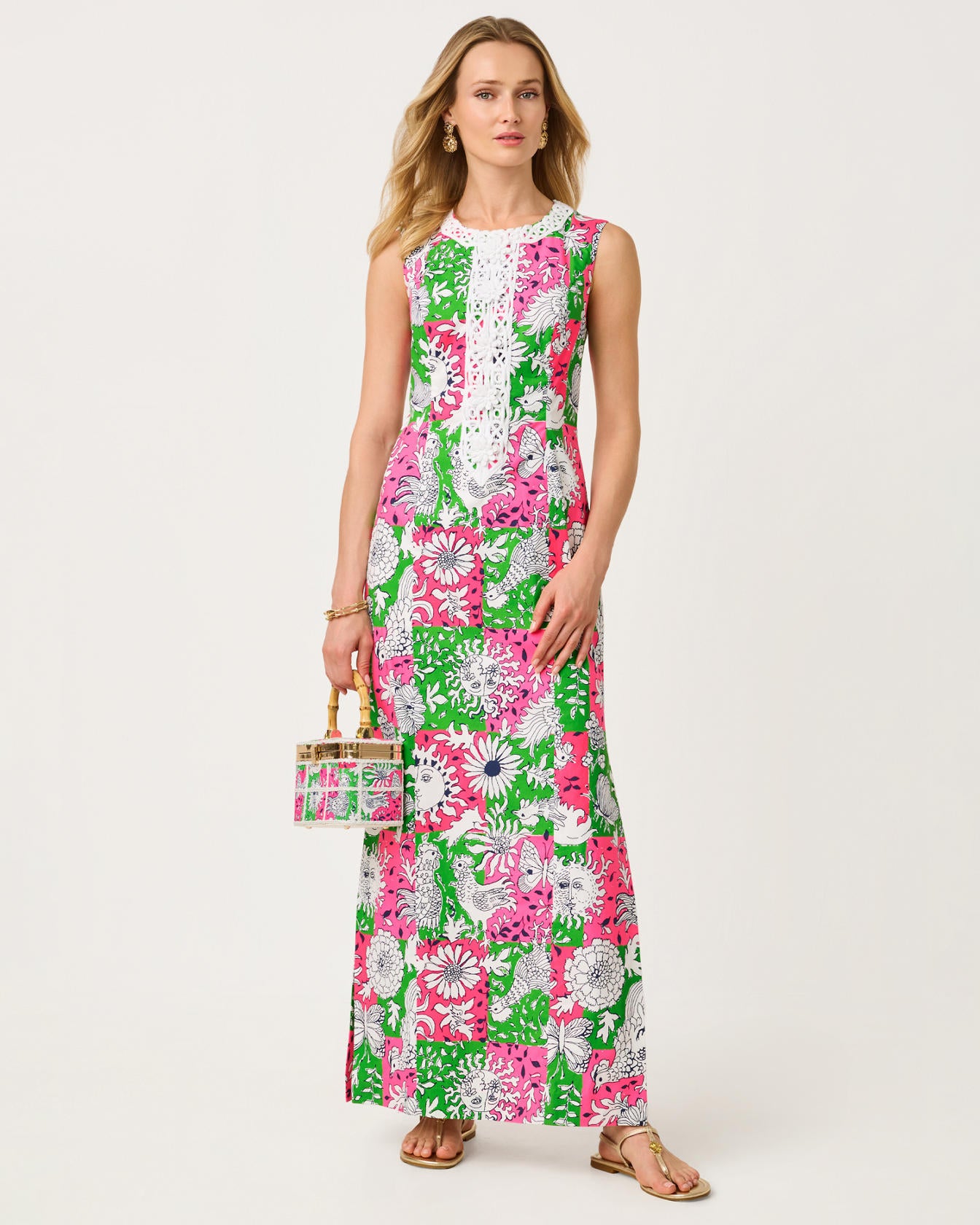 Barberine Stretch Maxi Shift Dress Cherry Blossom Pink Chicken Check