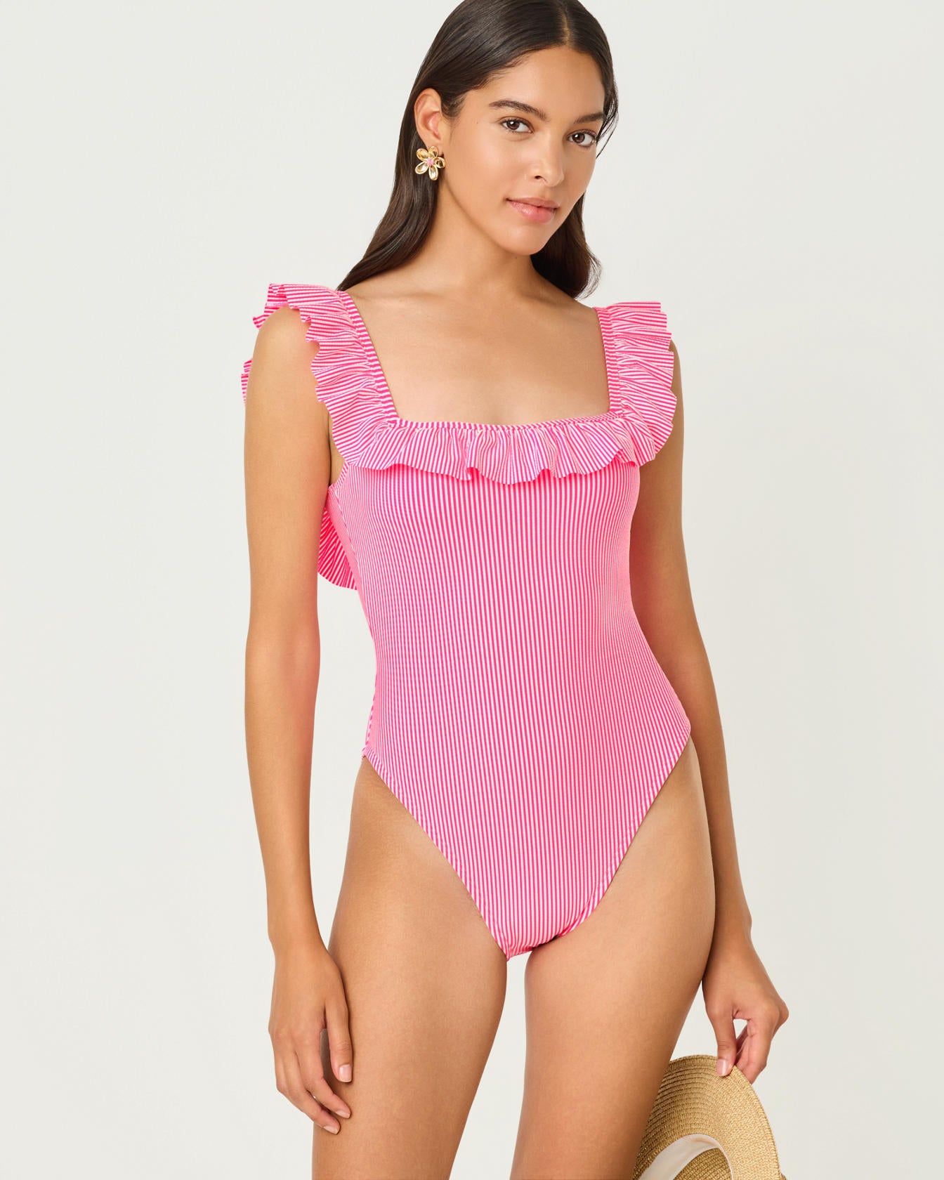 Aemma Ruffle One Piece Swimsuit Cherry Blossom Pink Seersucker Stripe