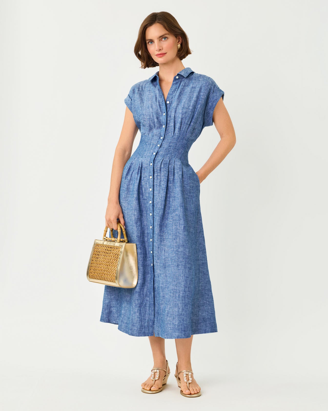 Tonya Linen Midi Shirtdress In Starlight Navy X Resort White