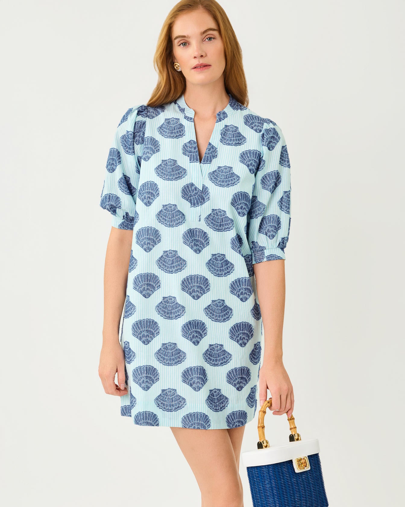 Mialeigh Elbow Sleeve Dress In Seashell Jacquard Yarn Dyed Stripe