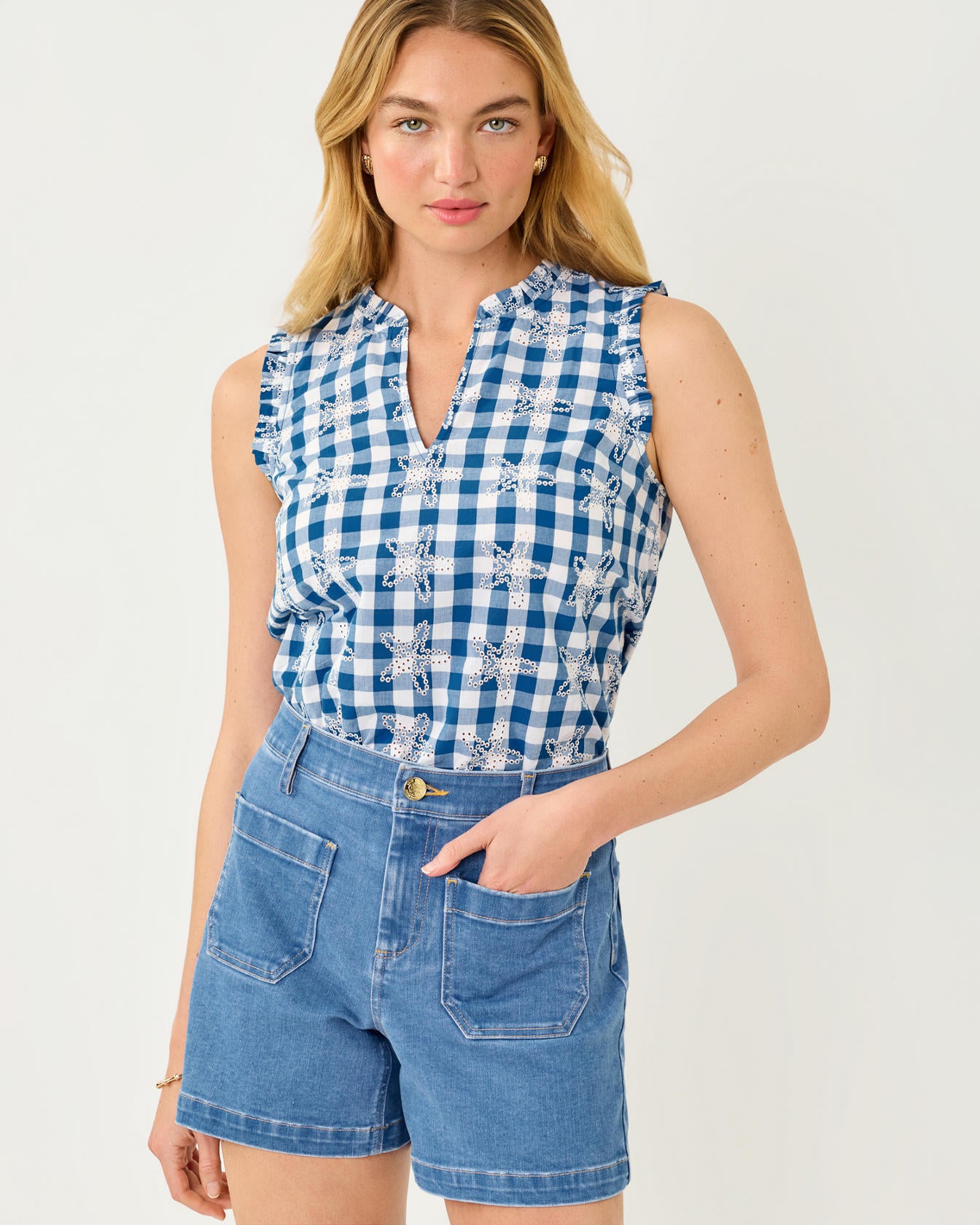 Kavalla Sleeveless Ruffle Top In Starfishing Embroidered Gingham
