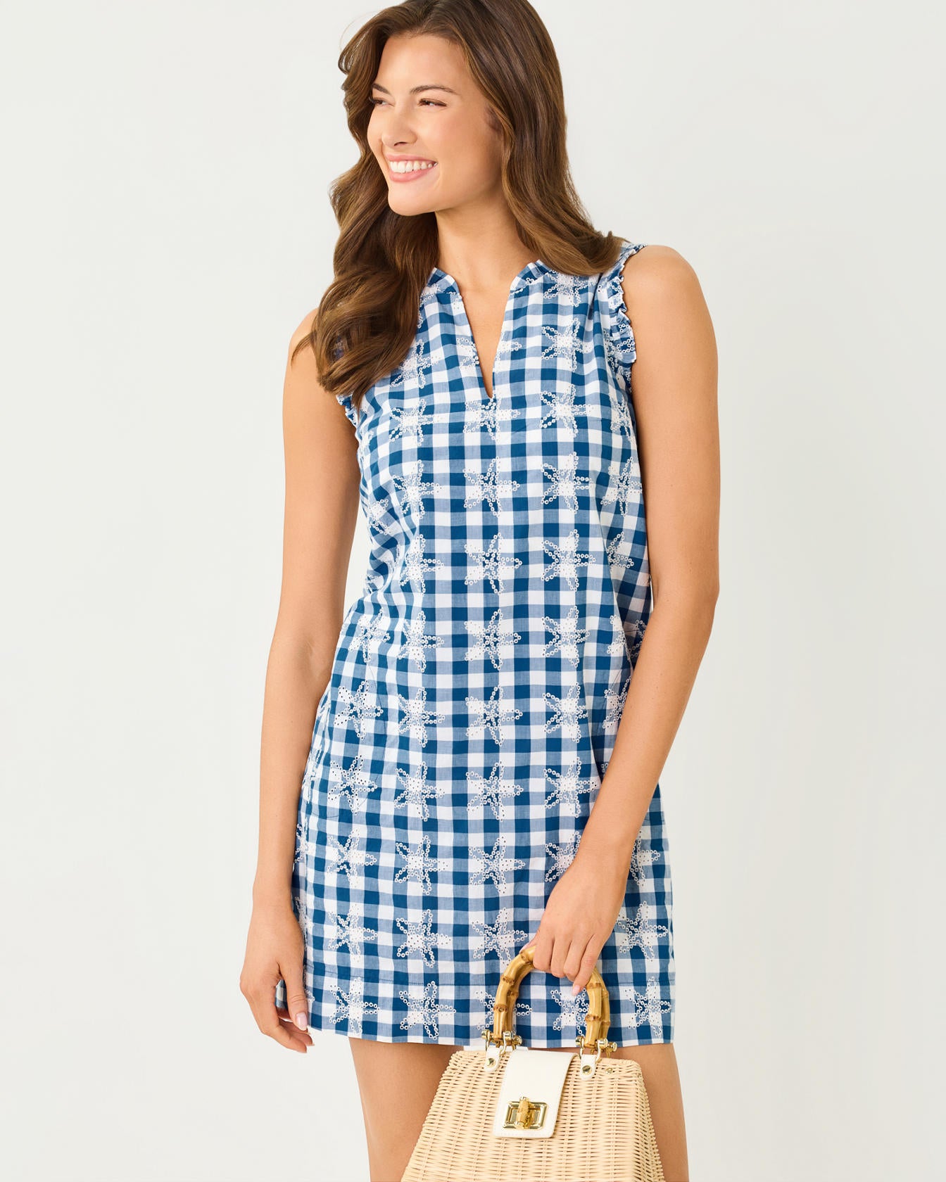 Kavalla Dress In Starfishing Embroidered Gingham