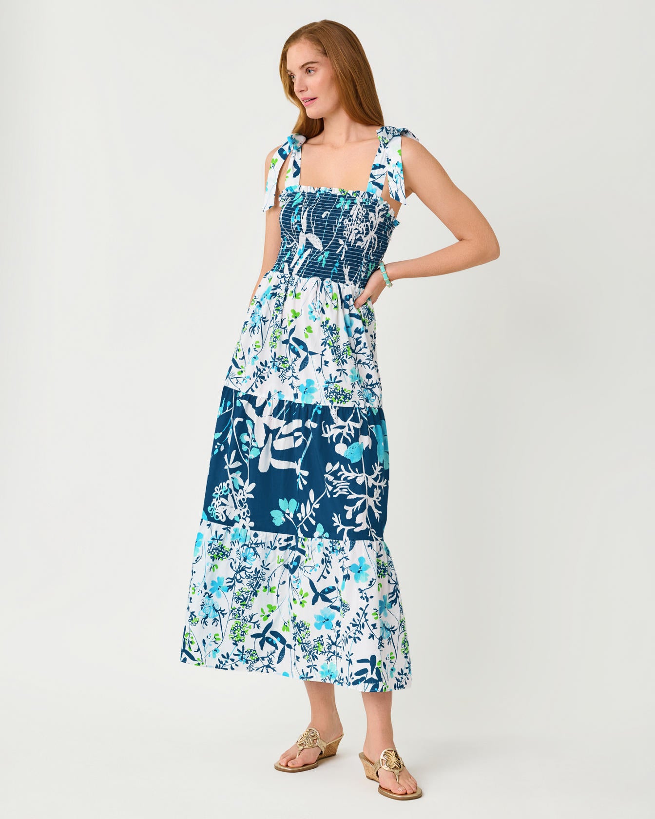 Athyn Smocked Maxi Dress In Sea Blooms