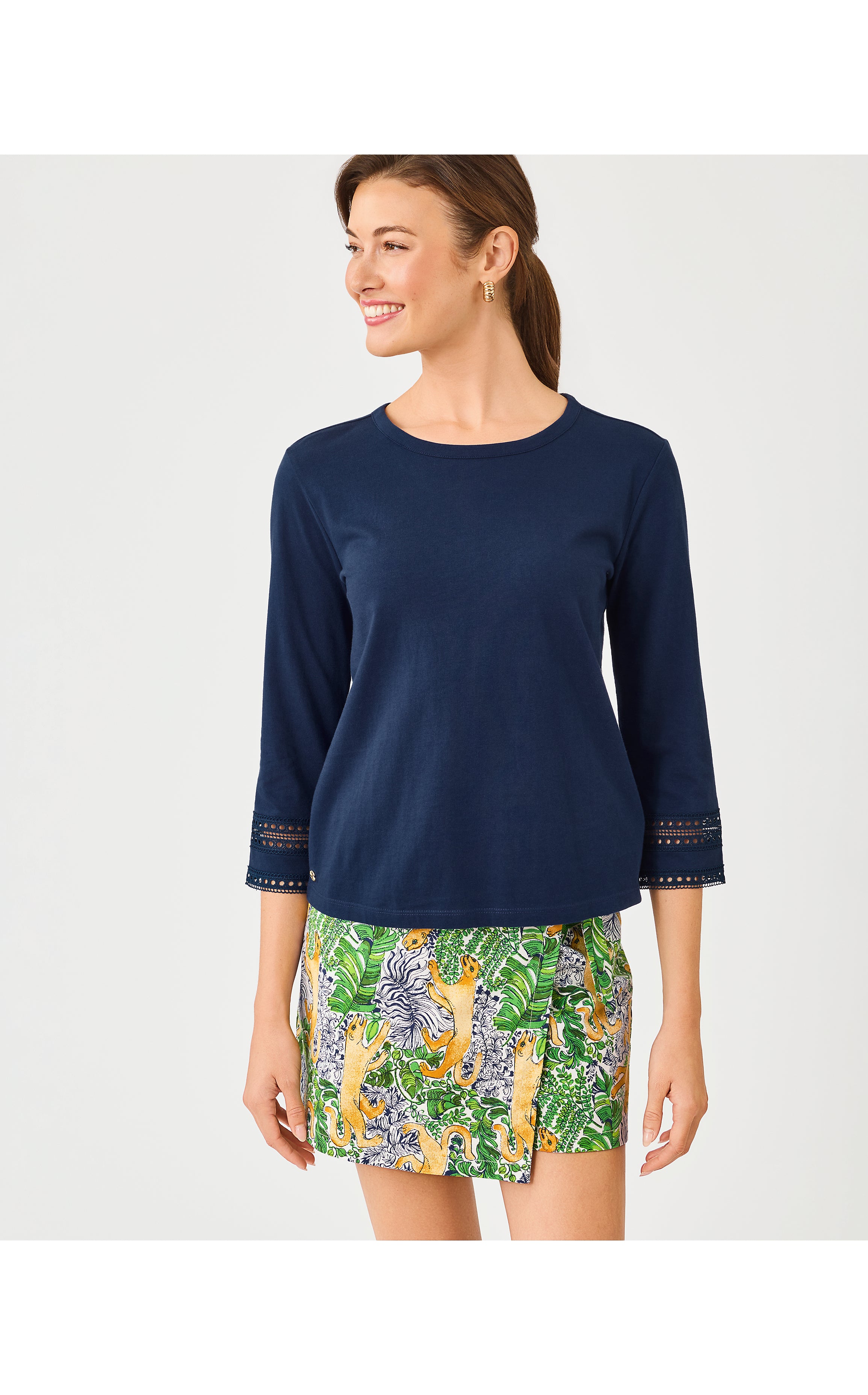 CLAIRMONT 3/4 SLEEVED TRIMMED TOP IN LOW TIDE NAVY