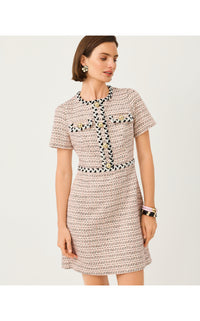 BERNETTE SHORT SLEEVE BOUCLE DRESS IN RIBBON STRIPE BOUCLE