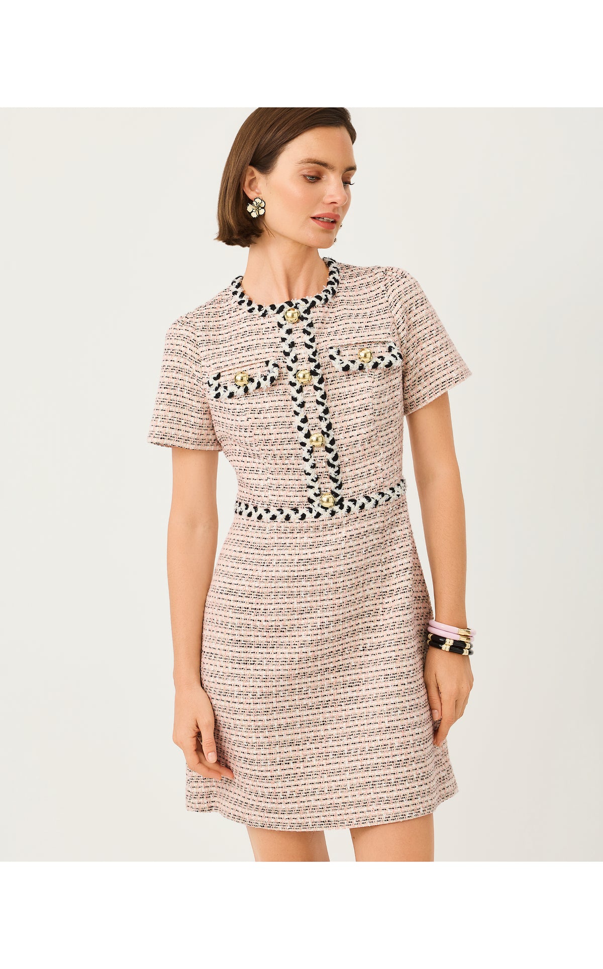 BERNETTE SHORT SLEEVE BOUCLE DRESS IN RIBBON STRIPE BOUCLE