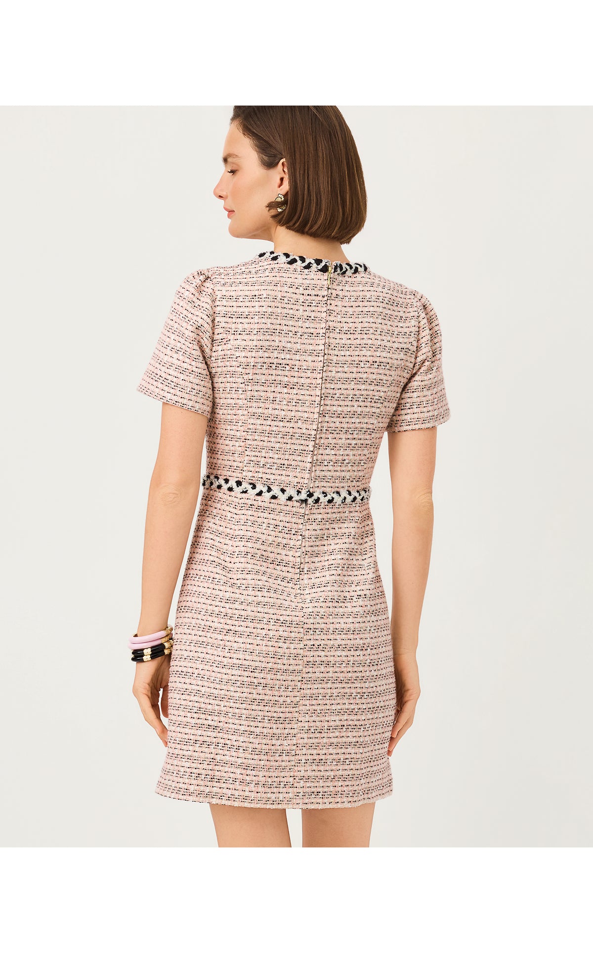 BERNETTE SHORT SLEEVE BOUCLE DRESS IN RIBBON STRIPE BOUCLE