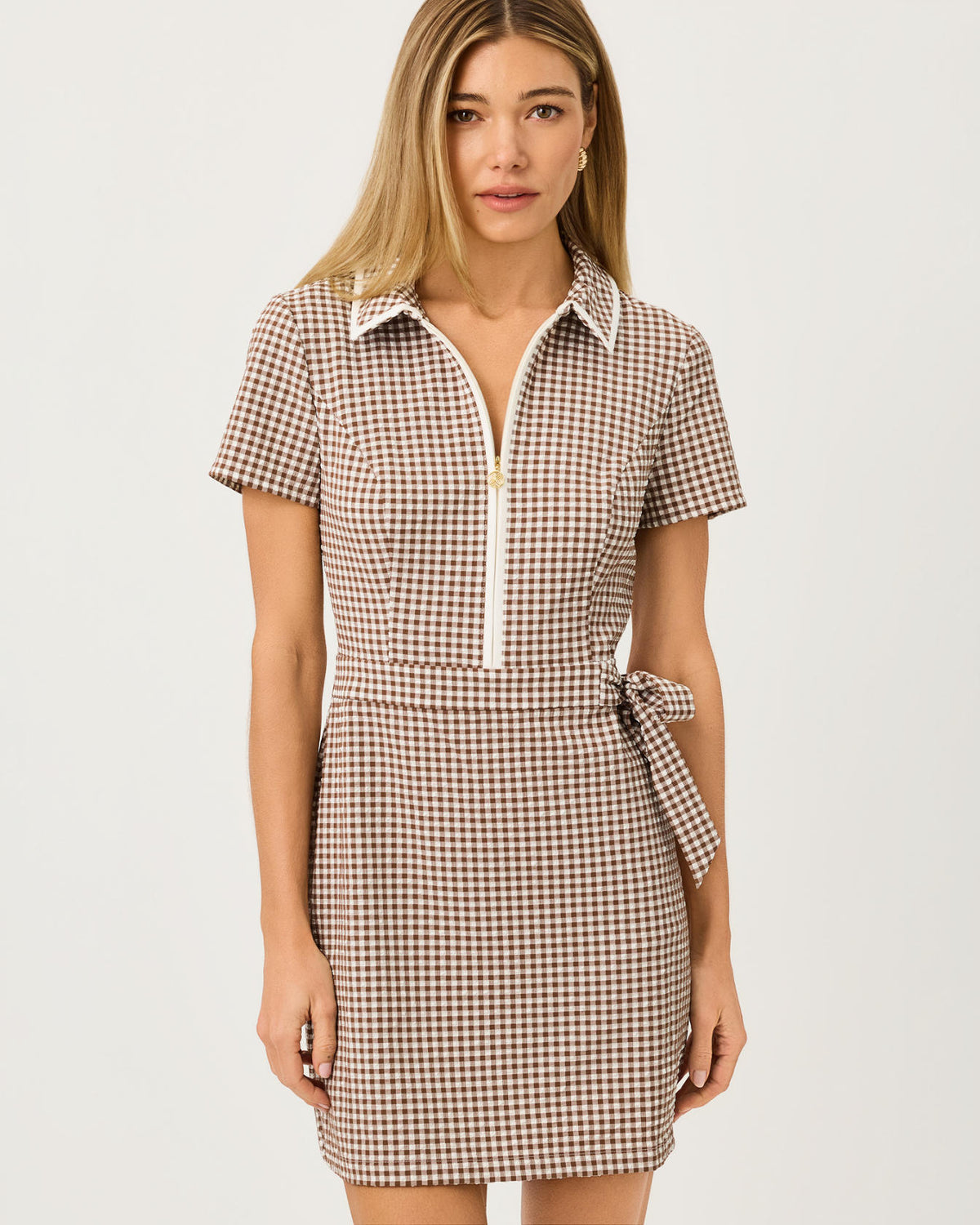KATHY SHORT SLEEVE TIE DRESS IN MINI PERFORMANCE GINGHAM