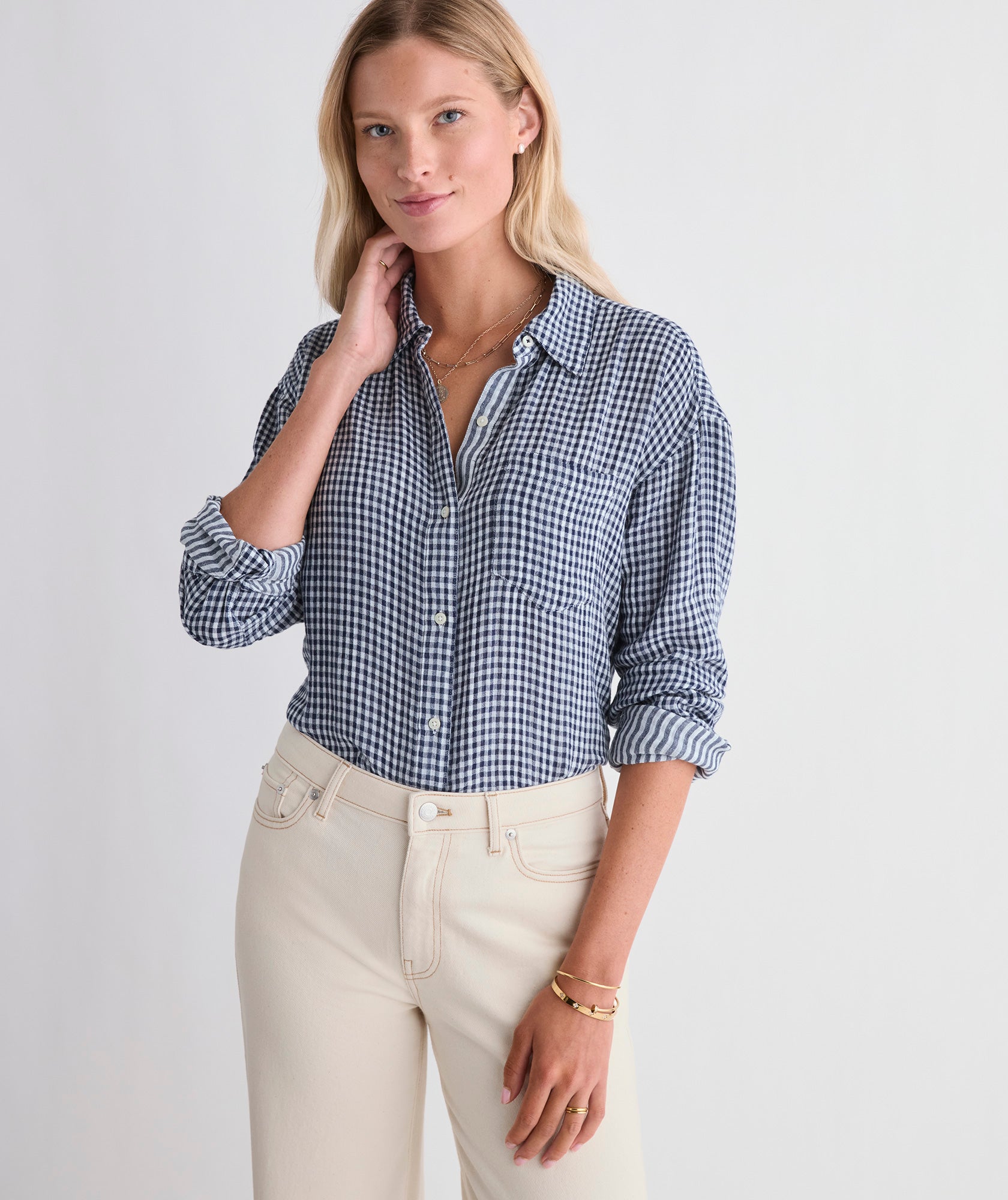 VV BIRDIE DOUBLE GAUZE BUTTON DOWN NAVY GINGHAM