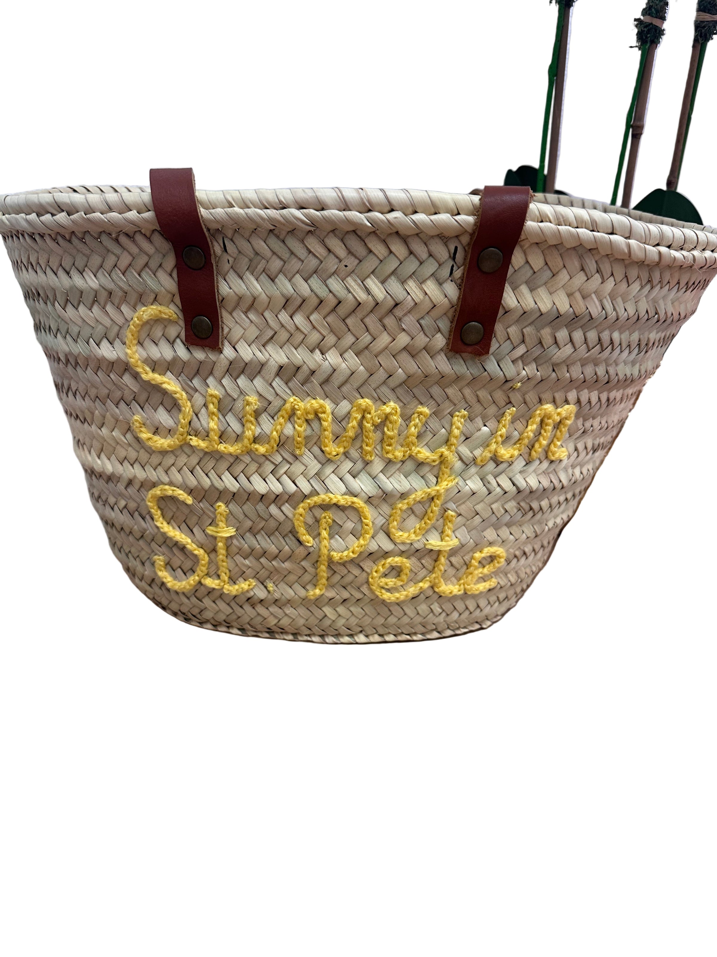 "SUNNY IN ST. PETE" FRENCH BASKET straw bag with leather handles