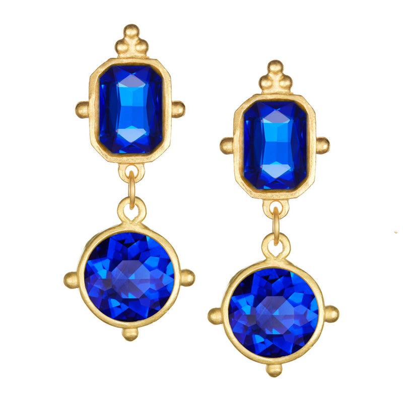 Susan Shaw - Double Blue Square & Round Crystal Drop Earrings