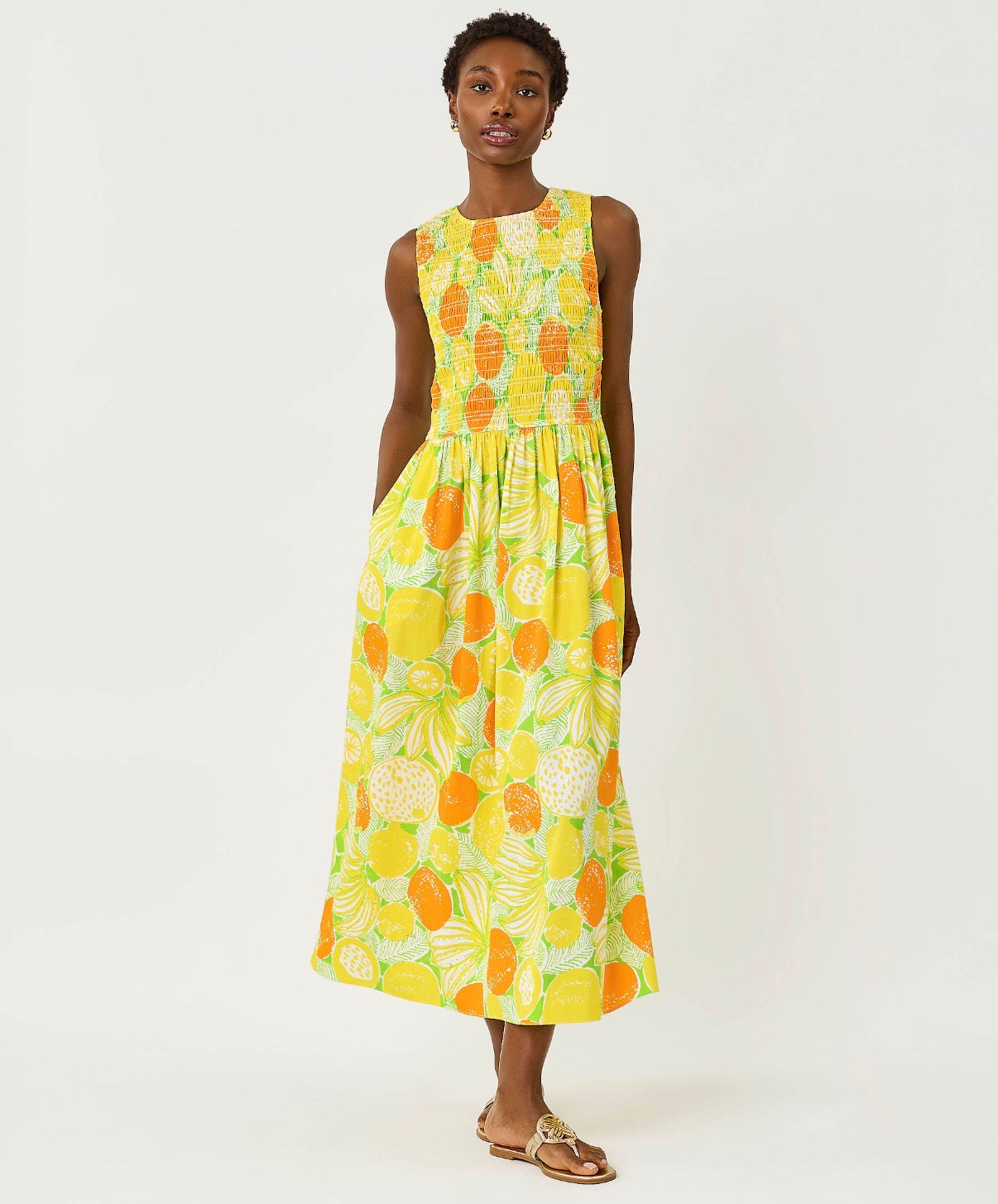 Daisey Smocked Midi Dress In Oversized Zesty