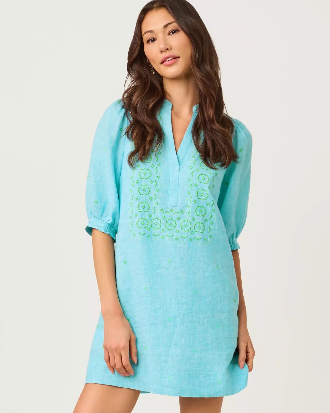 Mialeigh Elbow Sleeve Linen Dress Capri Blue X Resort White